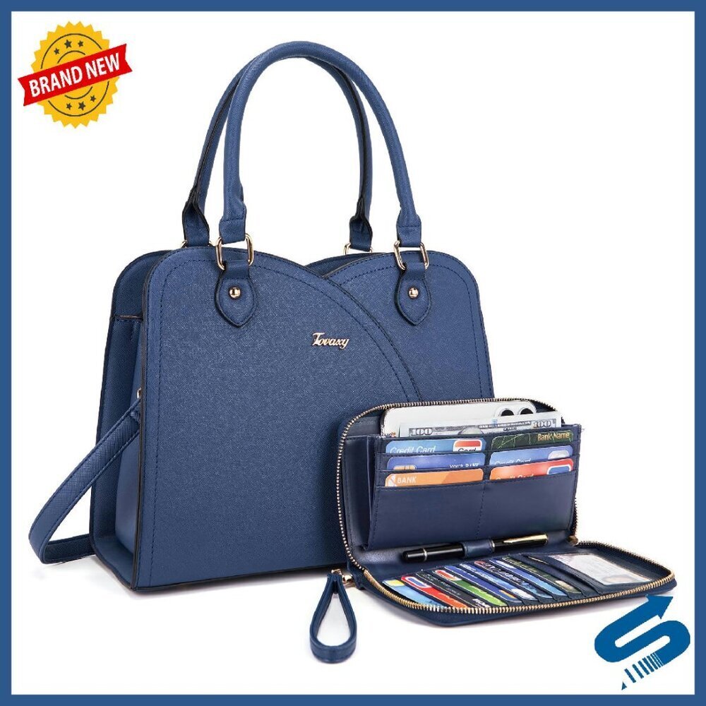 Structured Synthetic Leather Satchel Tote Bag with Wallet Set 2pc